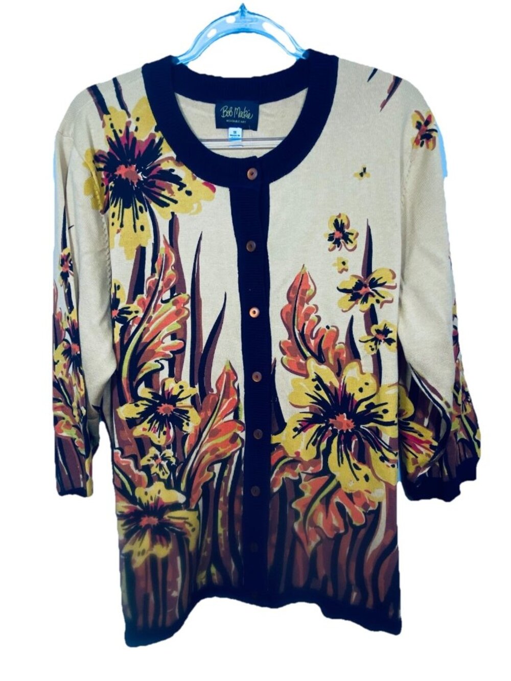 Bob Mackie Wearable Art Size 1X Gold Brown Floral Button Up Cardigan Sweater NEW